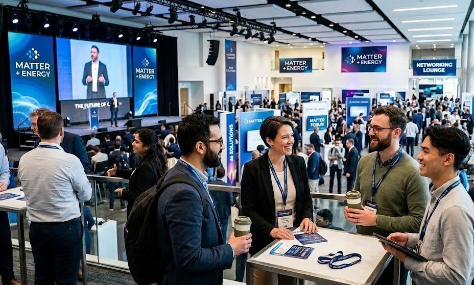 Attendees talking between sessions at a Matter + Energy conference, with the main stage and networking lounge behind them